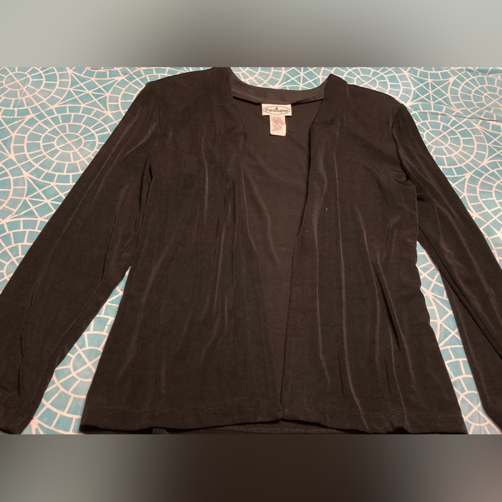 Patchington black liquid knit open cardigan jacket with built in shoulder pads.